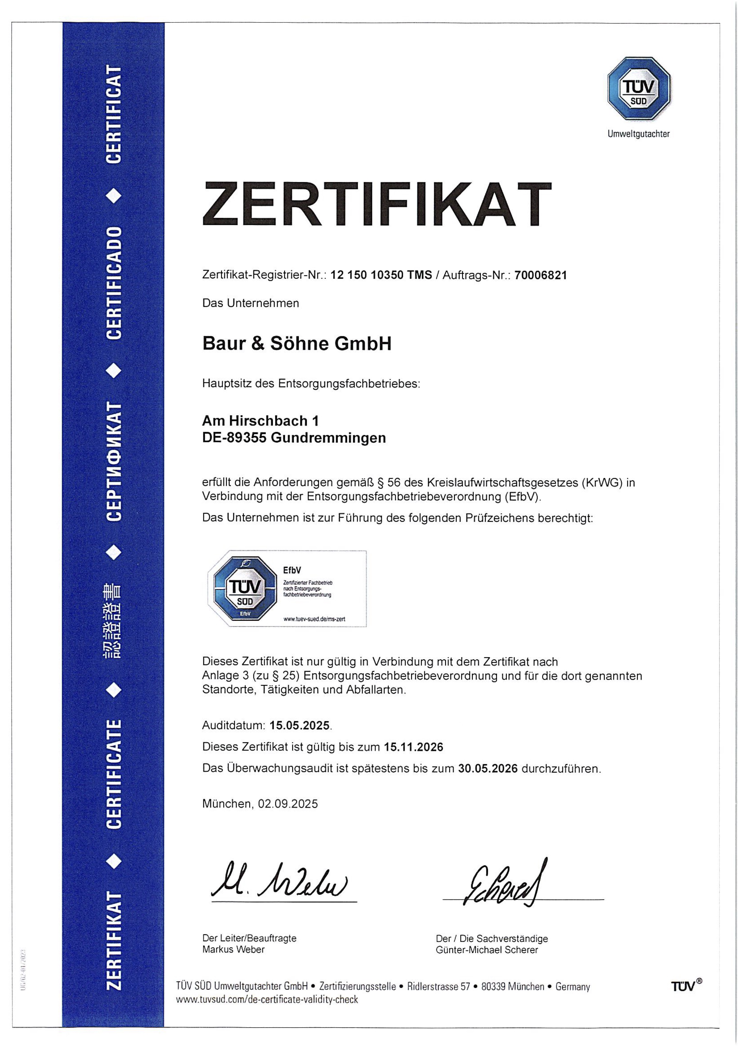 Zertifikat Entsorgungsfachbetrieb